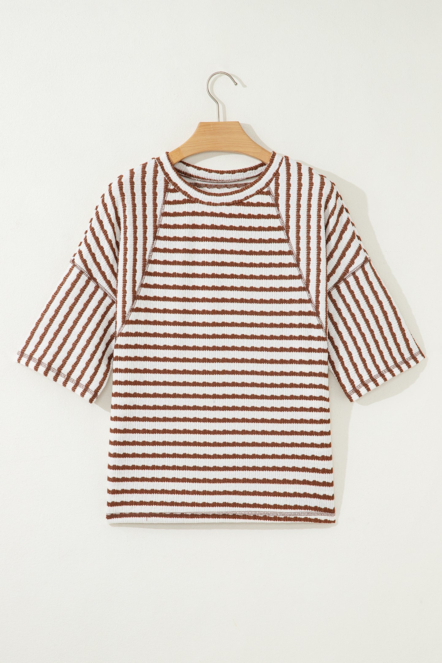 Apricot Stripe Textured Knit Split Hem Half Sleeve Loose Top