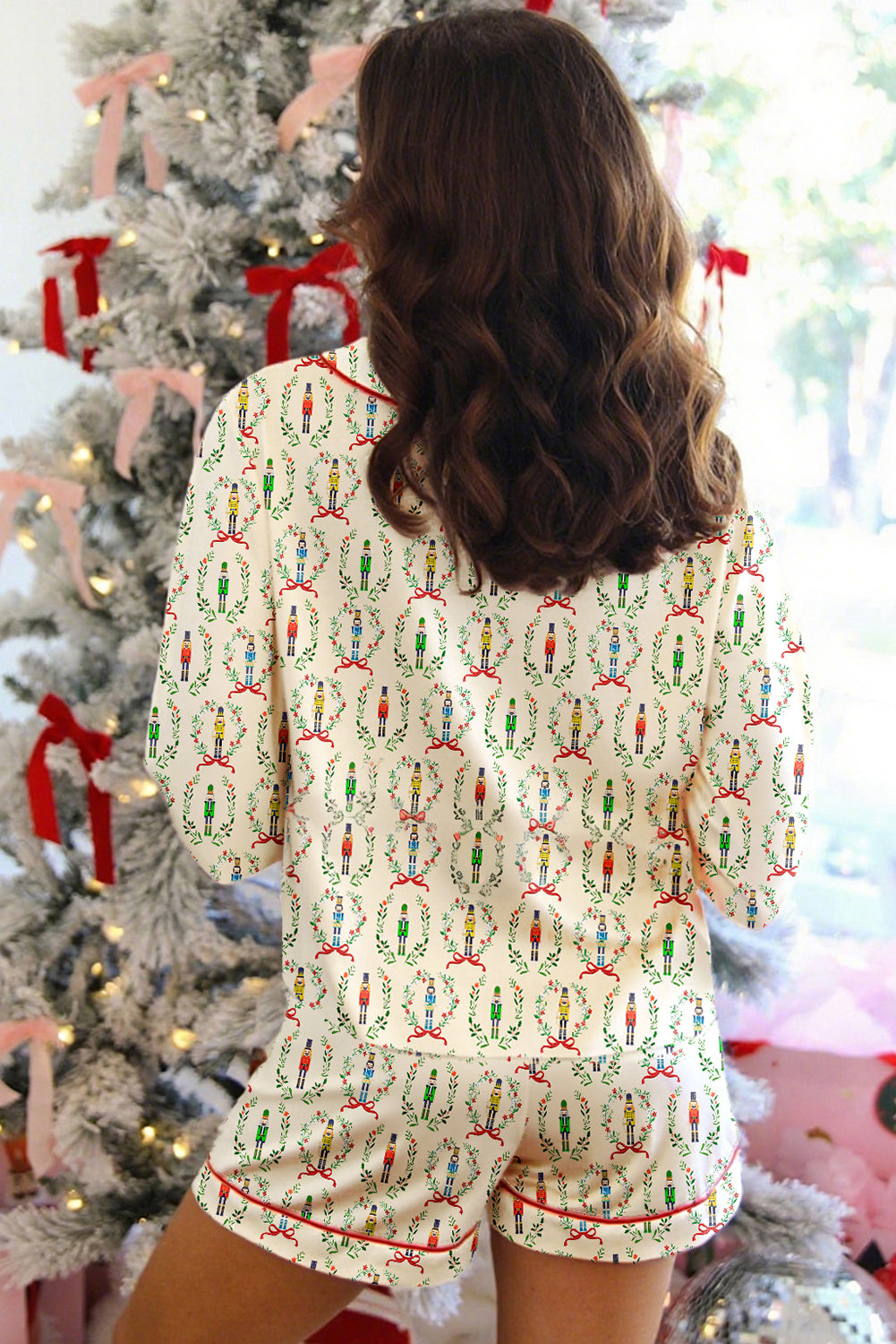 Pink Nutcracker Print Contrast Trim Tied up Bow Silky 2pcs Pajama Set