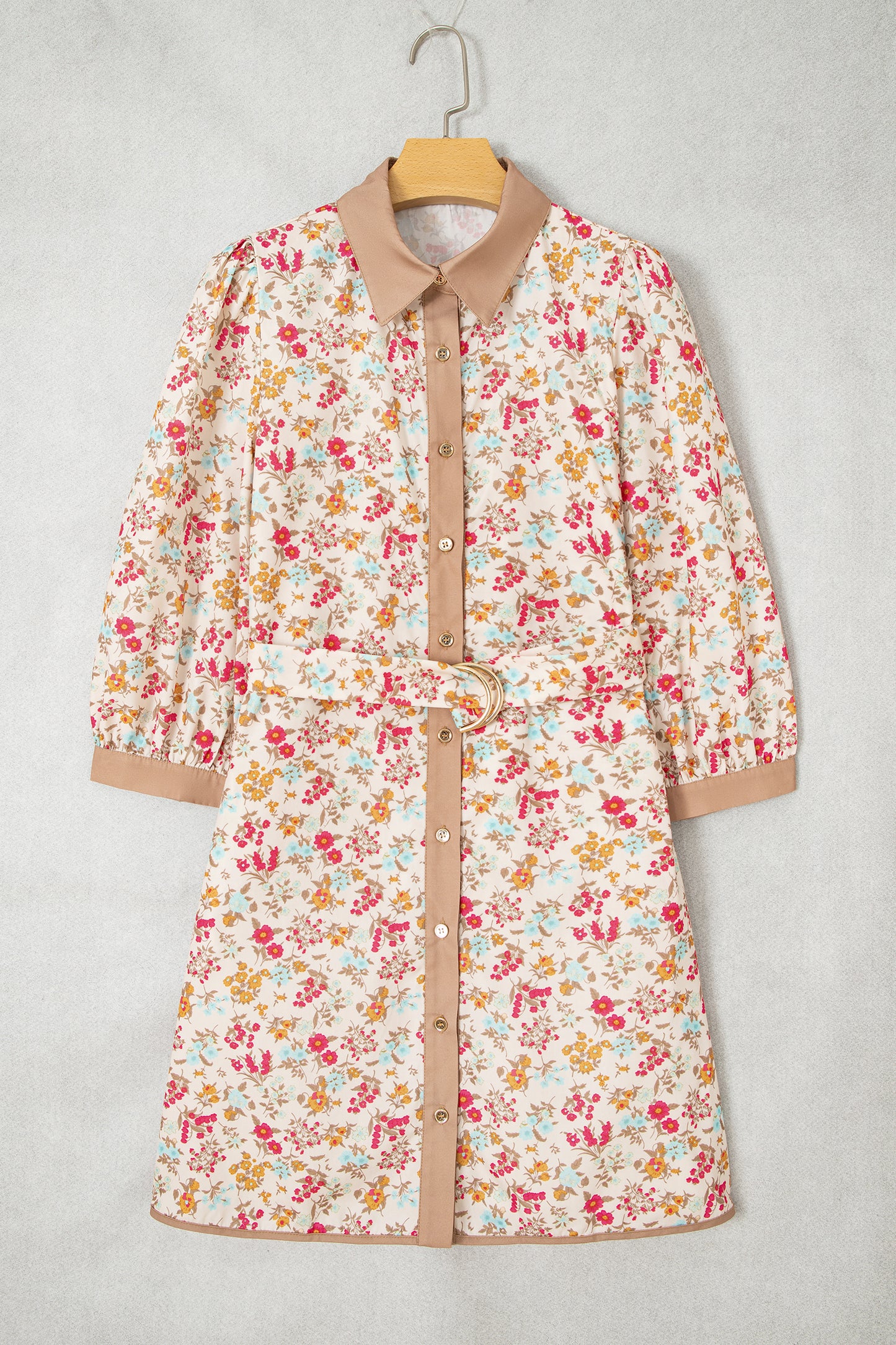 Orange Floral Print Color Block Trim Button Down 3/4 Sleeve Belted Mini Dress