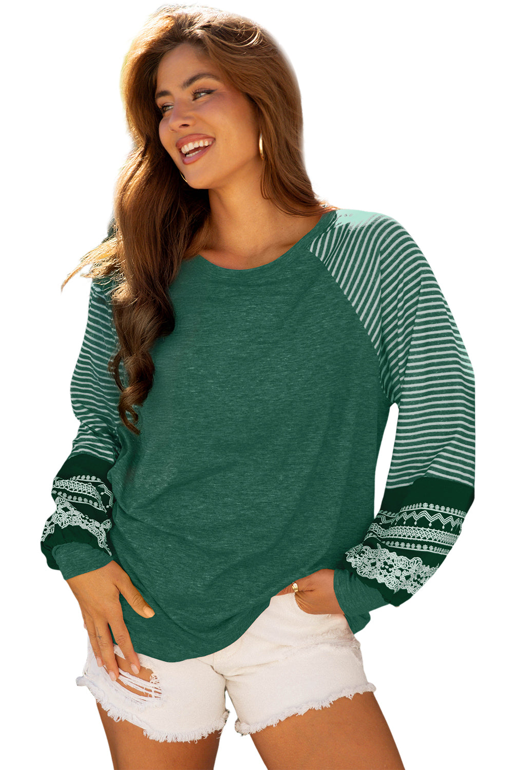 Tillandsia Purple Contrast Print Striped Raglan Long Sleeve Loose Top