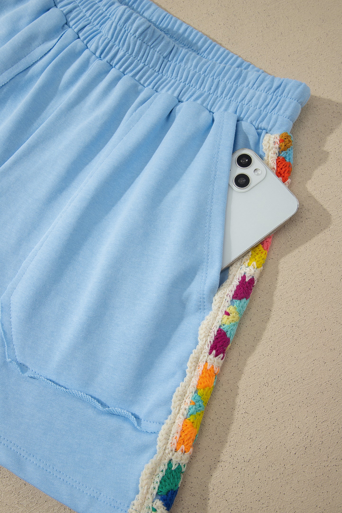 Solid Cotton Short Set Crochet Trim Lounge Outfit