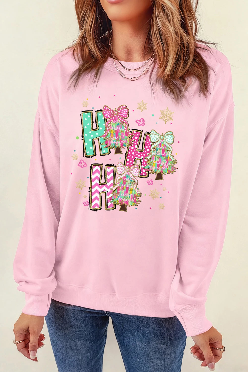 Pink HO HO HO Christmas Tree Graphic Pullover Sweatshirt