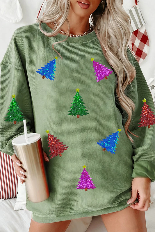Grass Green Glitter Christmas Tree Patched Pattern Corded Baggy Sweatshirt