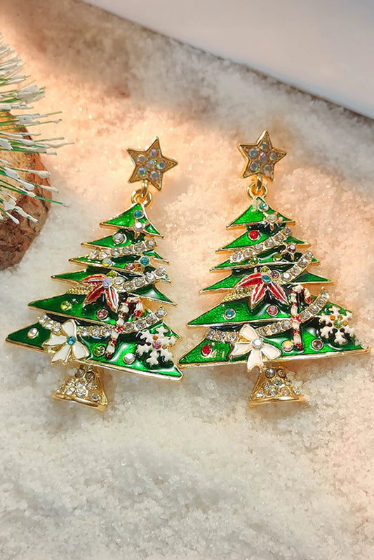 Bright Green Rhinestone Embellished Star Christmas Tree Earrings