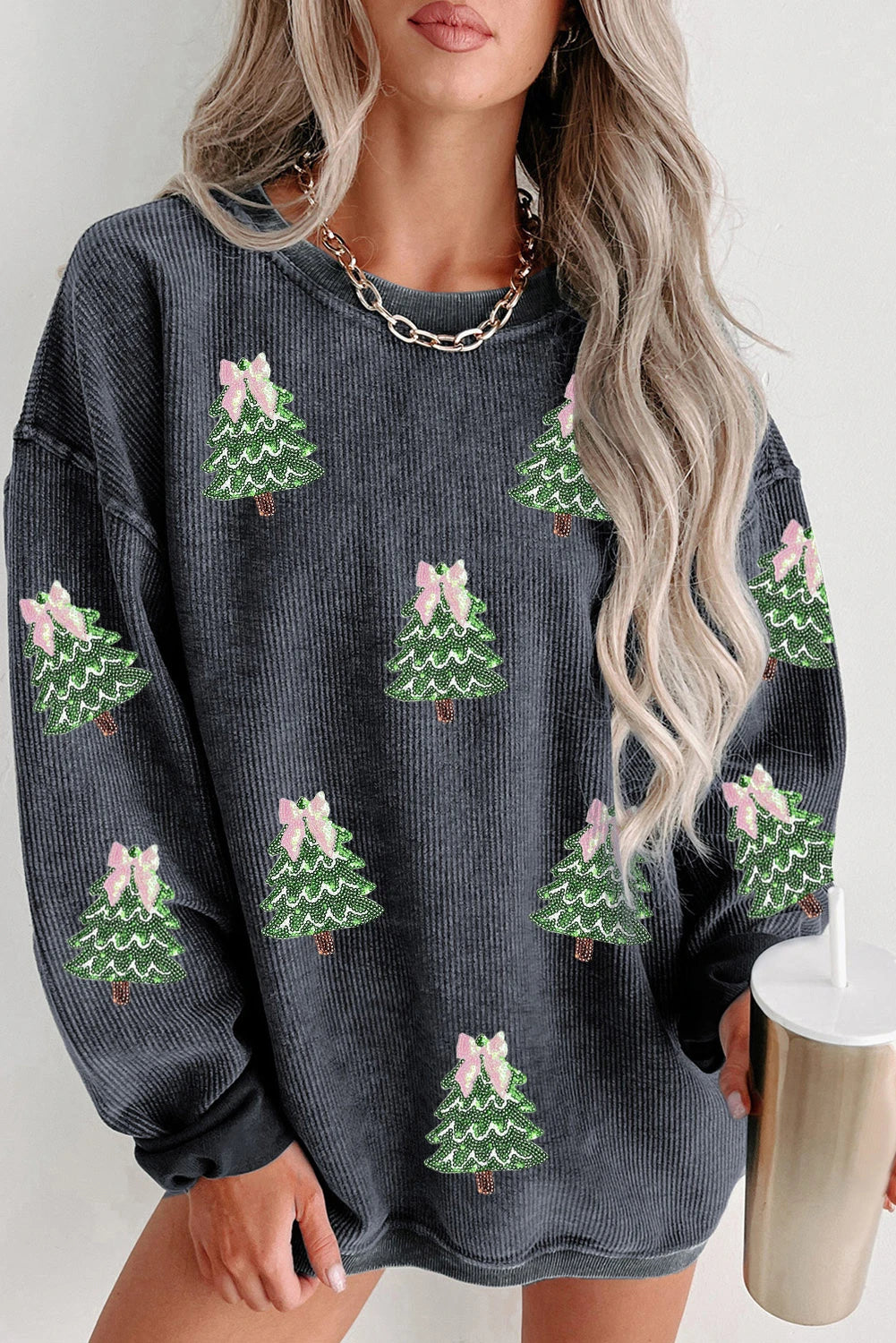 Gray Ribbed Round Neck Sequin Christmas Tree Patched Baggy Sweatshirt