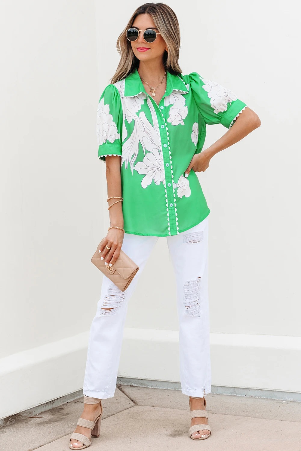 Floral Ric Rac Edge Puff Sleeve Button Up Summer Shirt