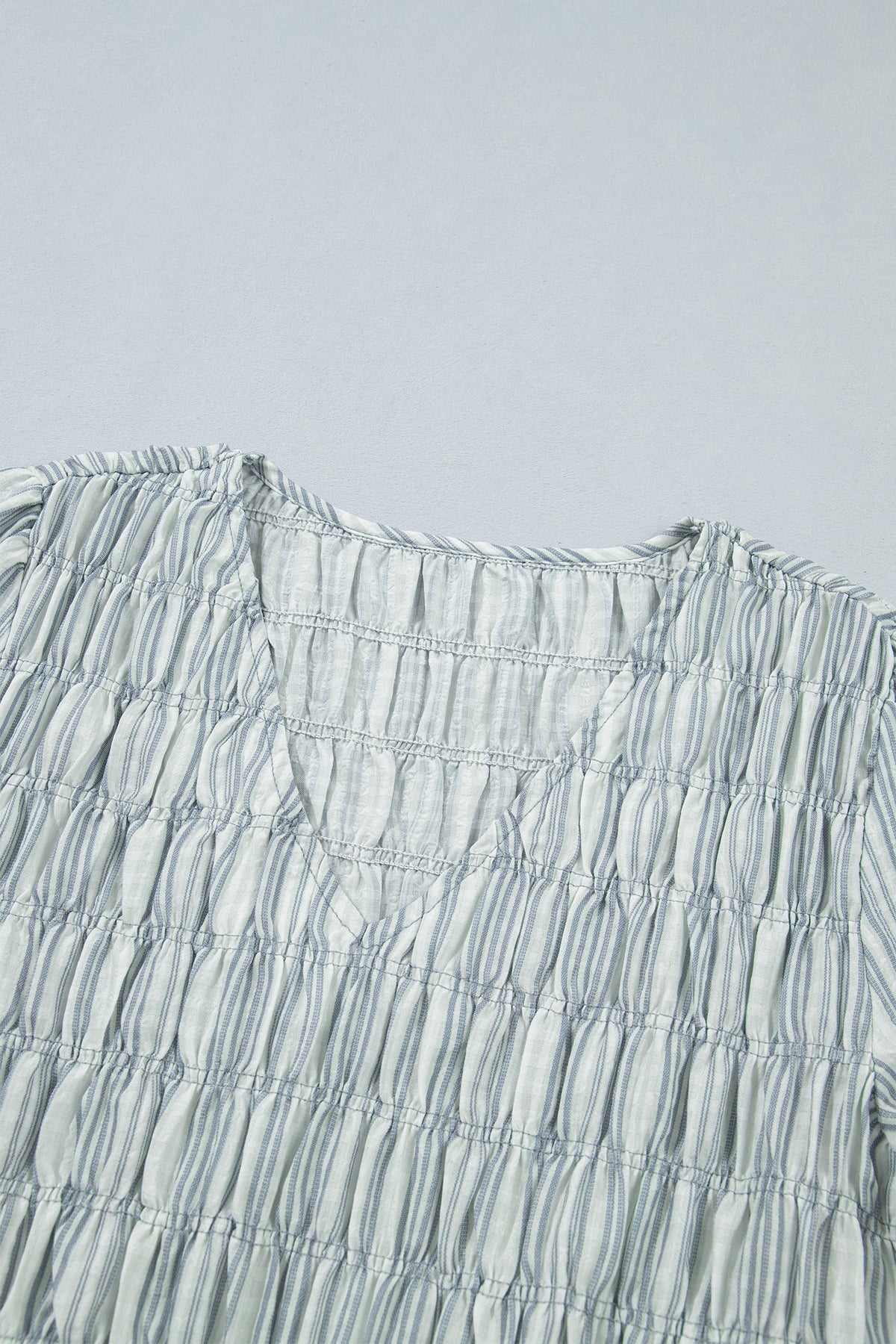 Blue Stripe V Neck Shirred Long Sleeve Blouse