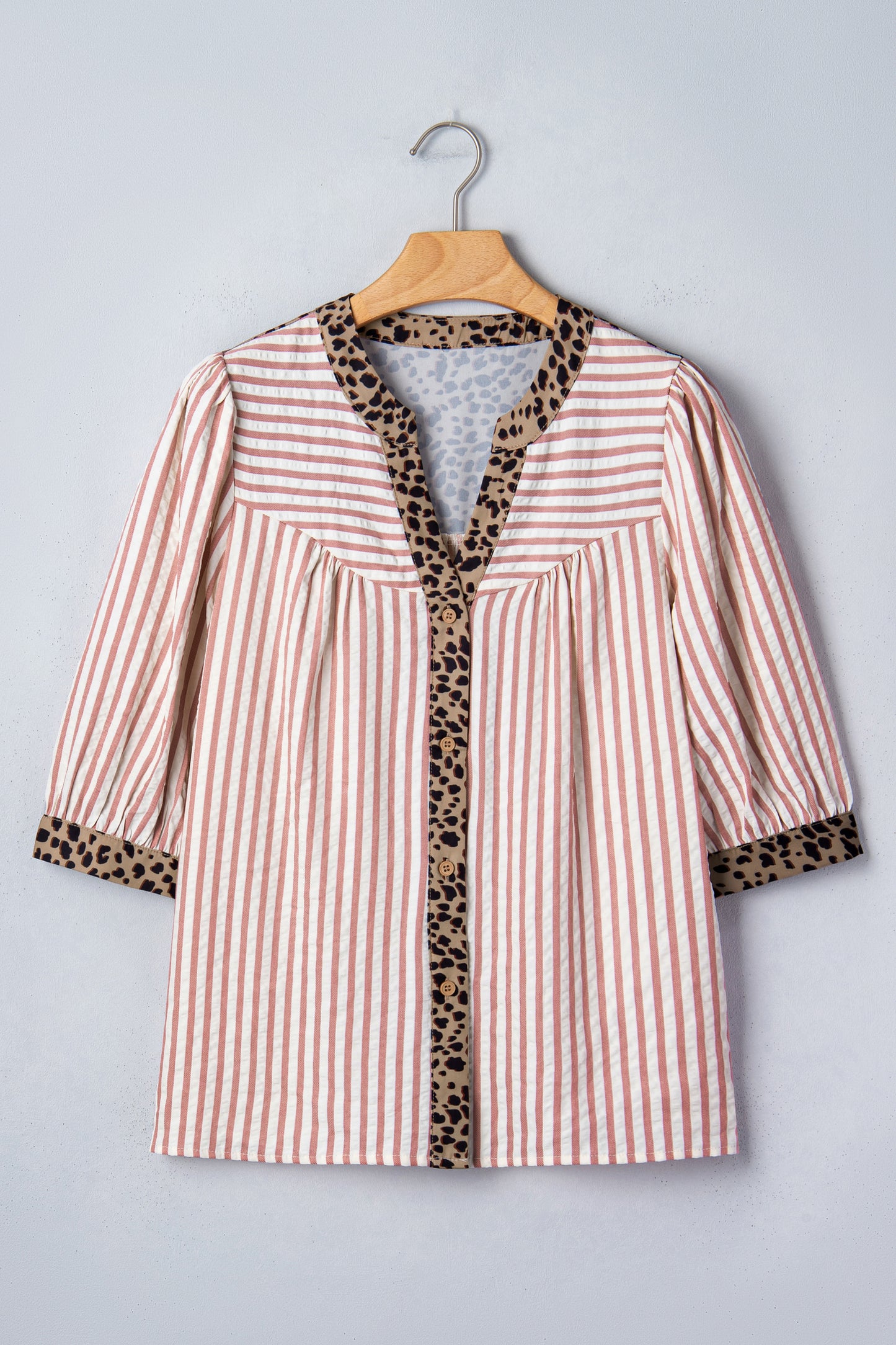 Pink Stripe Leopard Trim V Neck Button Down Half Sleeve Shirt