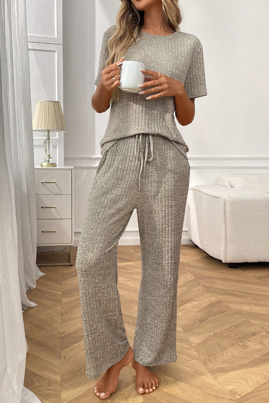 Ribbed Knit Lounge Set with Short Sleeve Top and Pants