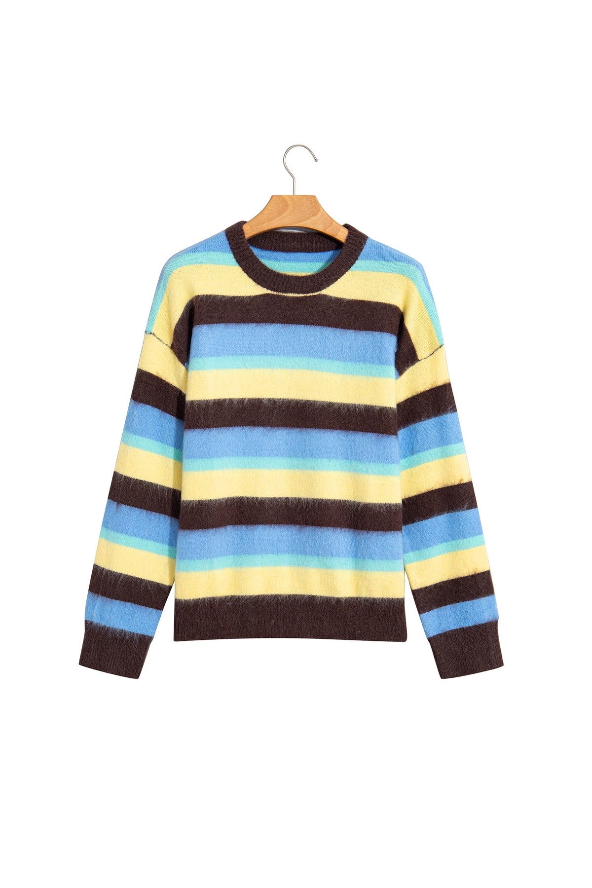 Multicolour Fuzzy Striped Knit Round Neck Casual Shift Sweater