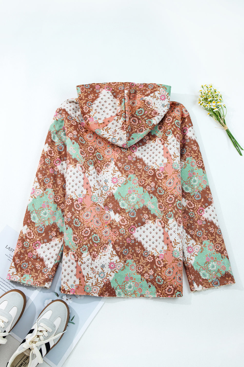 Beige Vintage Paisley Floral Printed Sherpa Lined Hooded Jacket