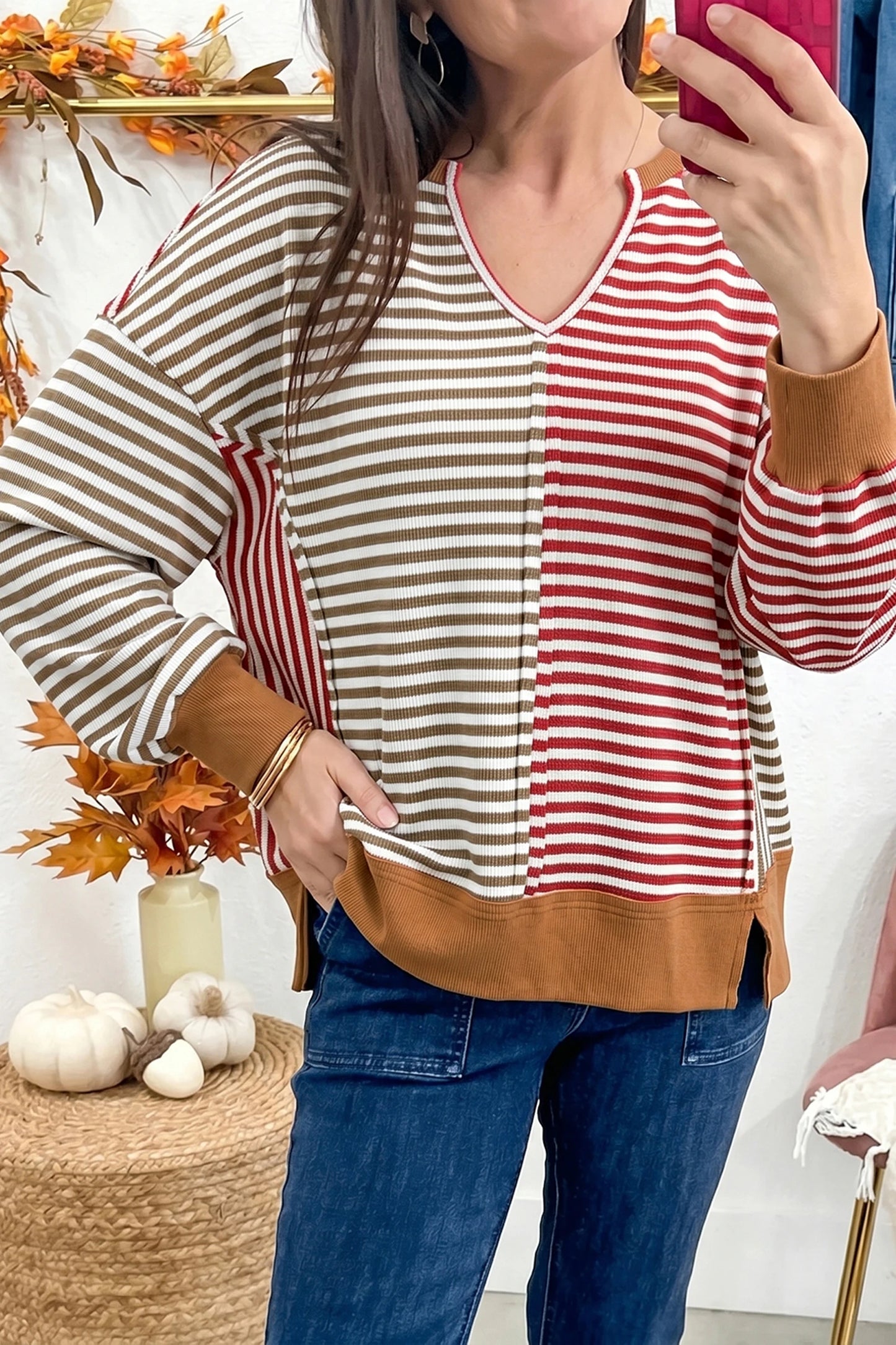 Stripe Striped Colorblock V Neck Long Sleeve Tunic Pullover