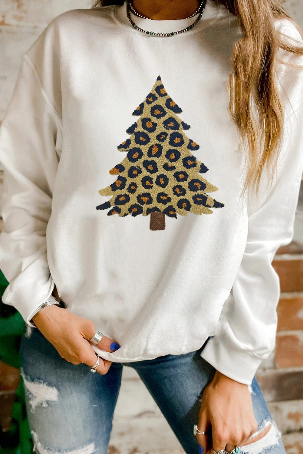 White Plush Leopard Tree Patched Drop Shoulder Sweatshirt
