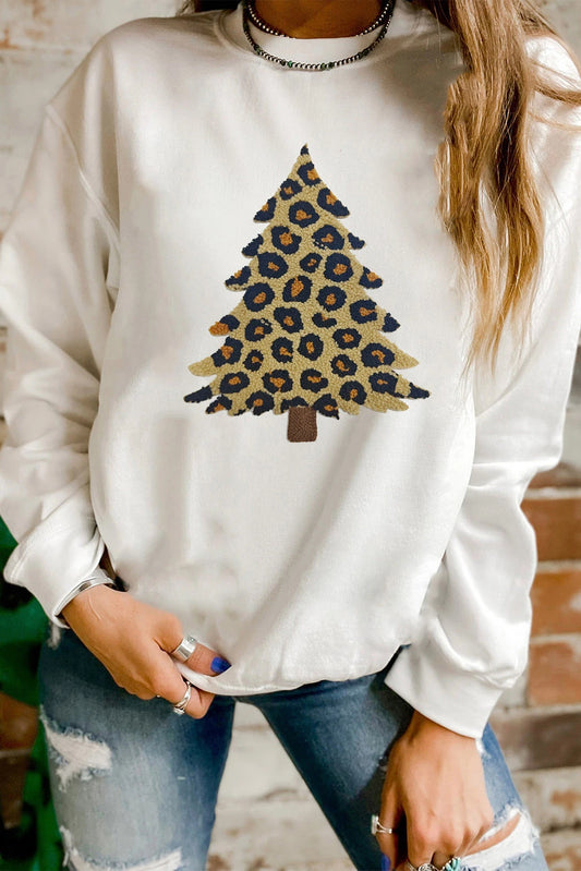 White Plush Leopard Tree Patched Drop Shoulder Sweatshirt