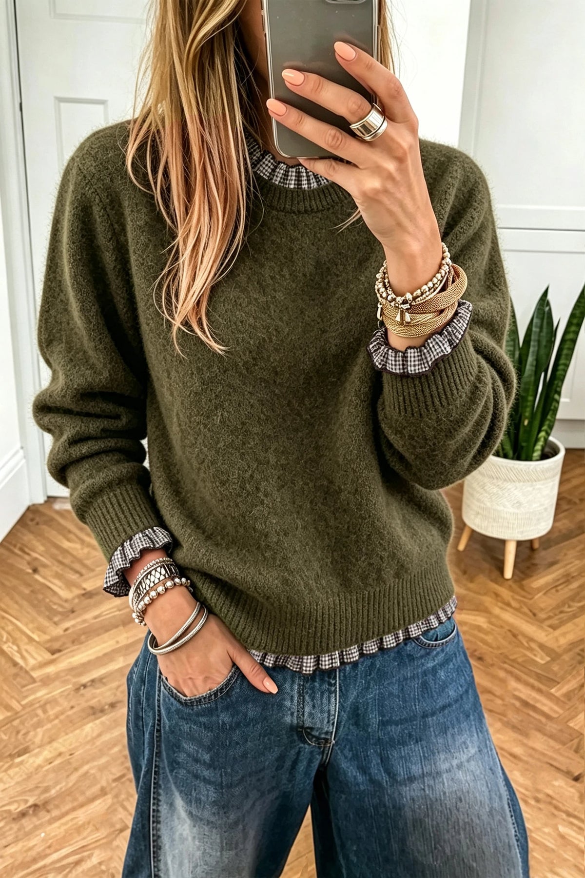 Chicory Coffee Contrast Plaid Ruffle Trim Pullover Sweater