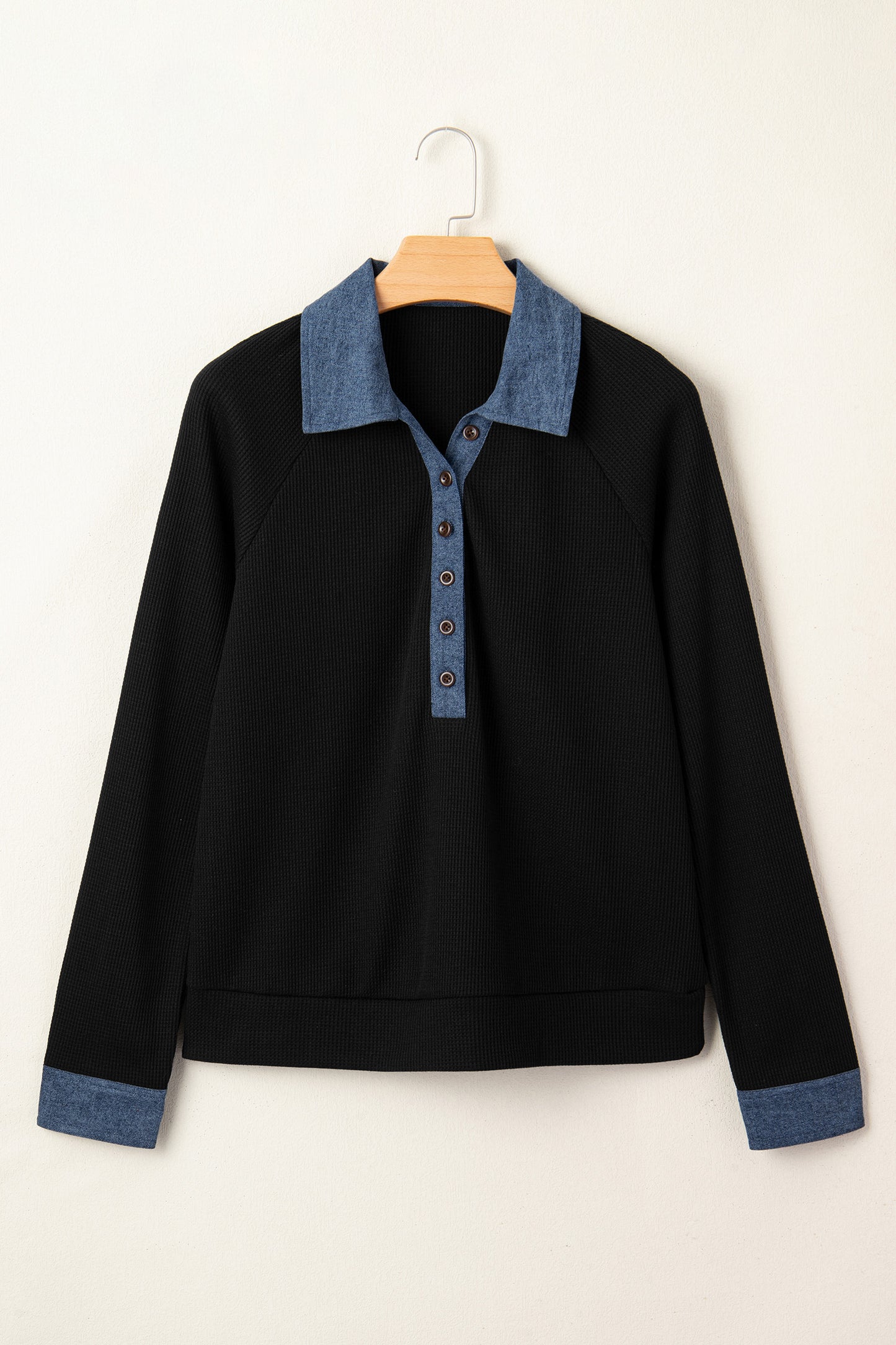 Black Textured Knit Denim Patchwork Button Polo Collar Long Sleeve Top