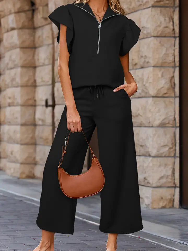 Apricot Textured Ruffled Sleeve Zipped Top and Wide Leg Pants Set