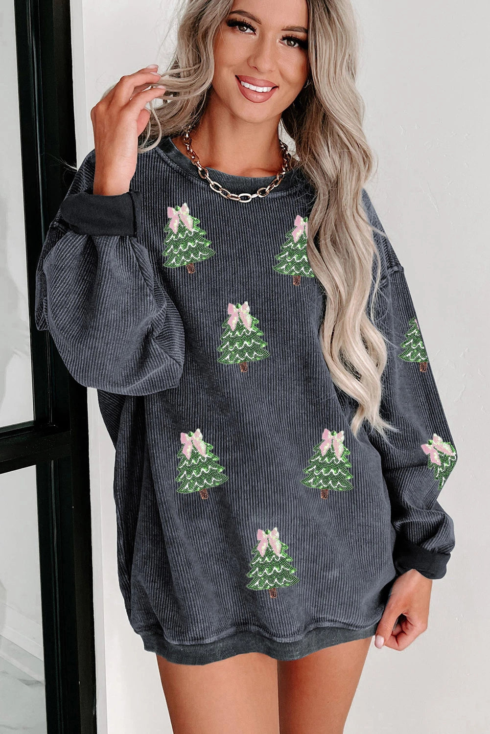 Gray Ribbed Round Neck Sequin Christmas Tree Patched Baggy Sweatshirt