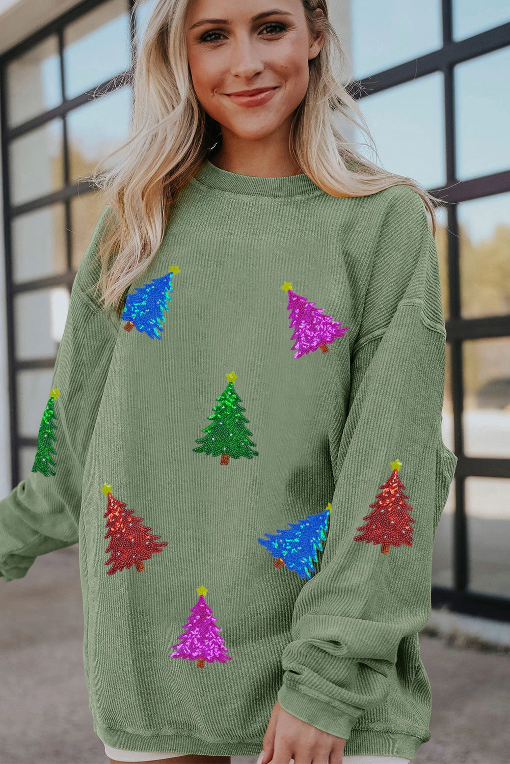 Grass Green Glitter Christmas Tree Patched Pattern Corded Baggy Sweatshirt