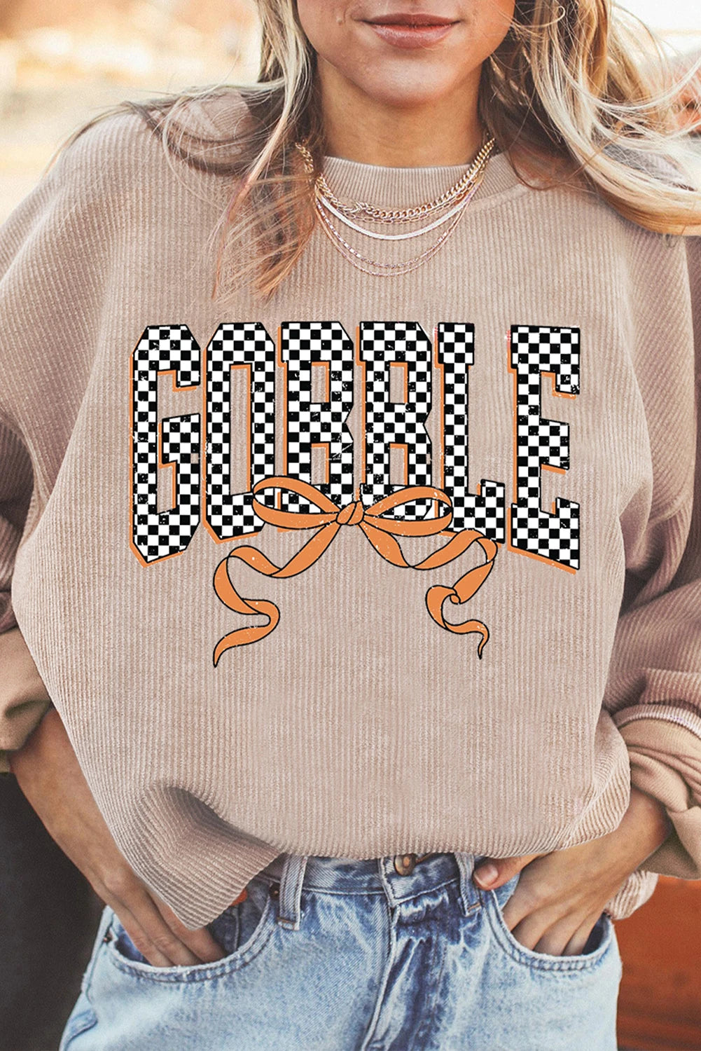 Apricot Twisted Ribbed Texture Checkered GOBBLE Bow Print Baggy Sweatshirt