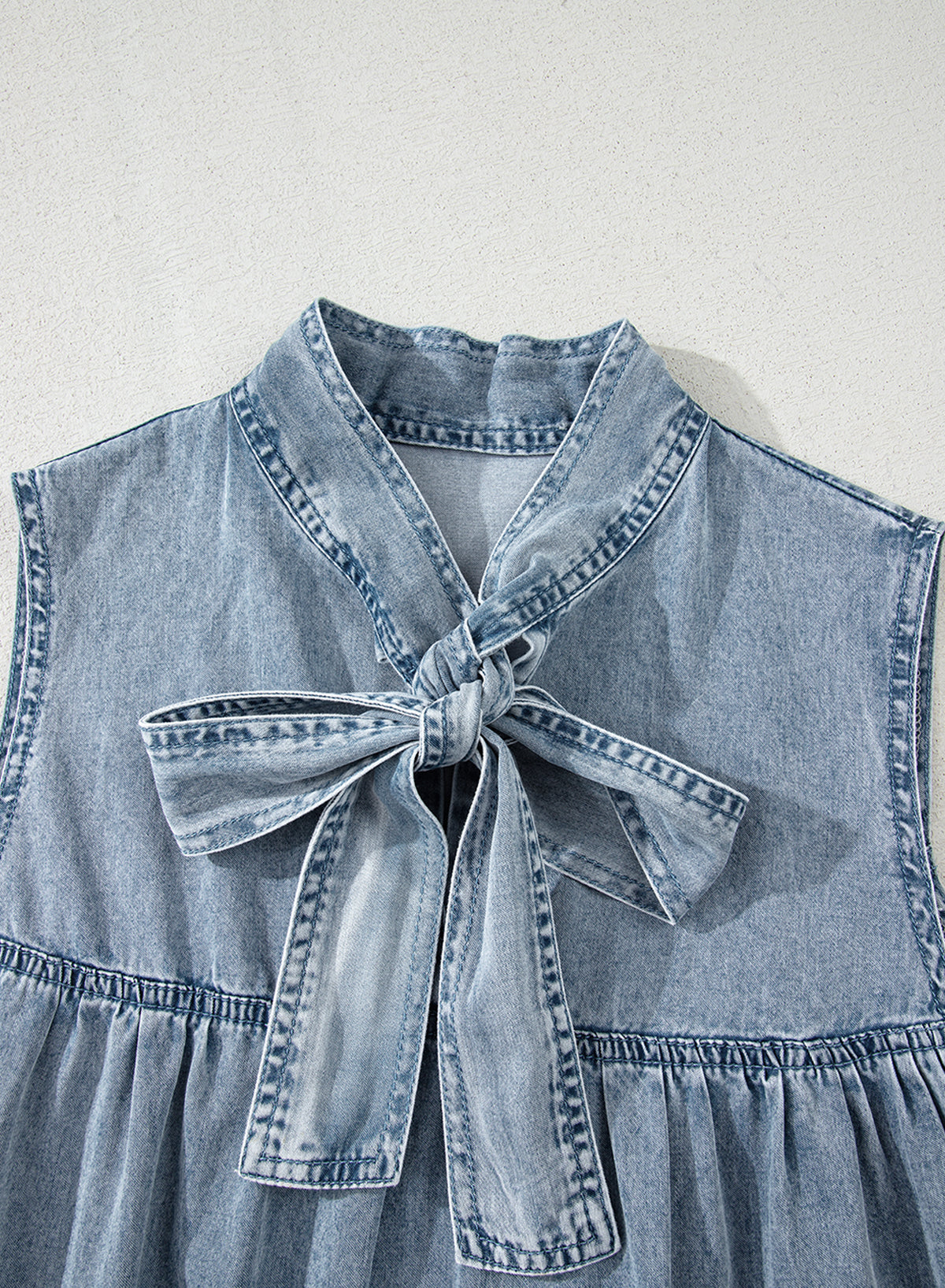 Beau Blue Bowknot Neck Sleeveless Ruffled Chambray Dress