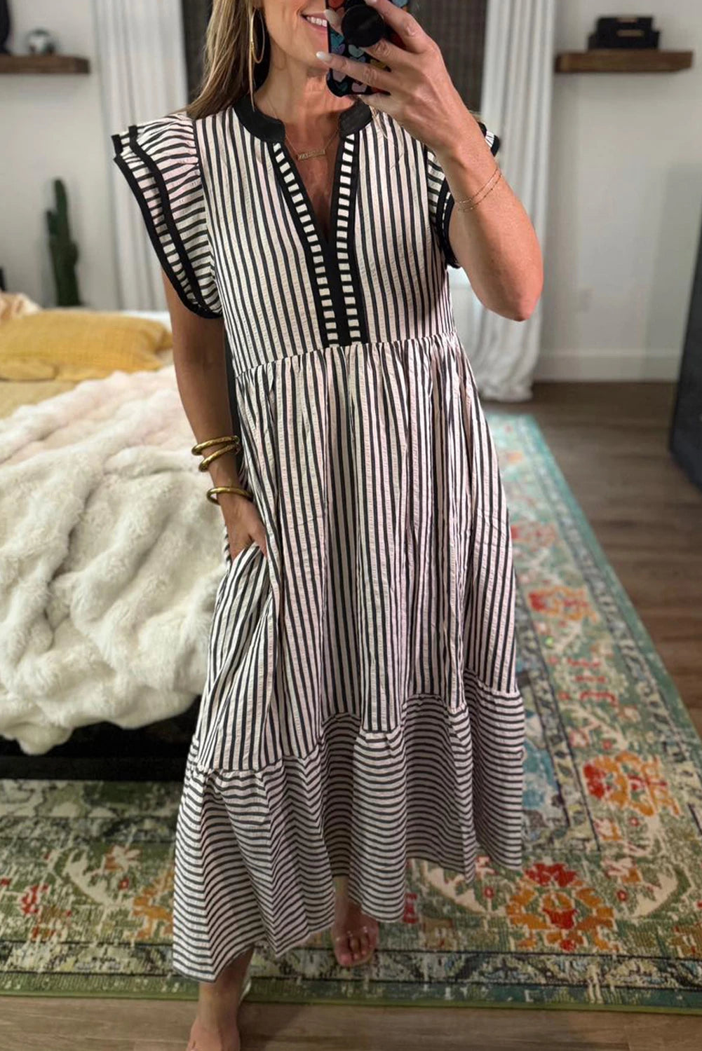 Stripe Double Ruffled Short Sleeve Contrast Trim V Neck Midi Dress
