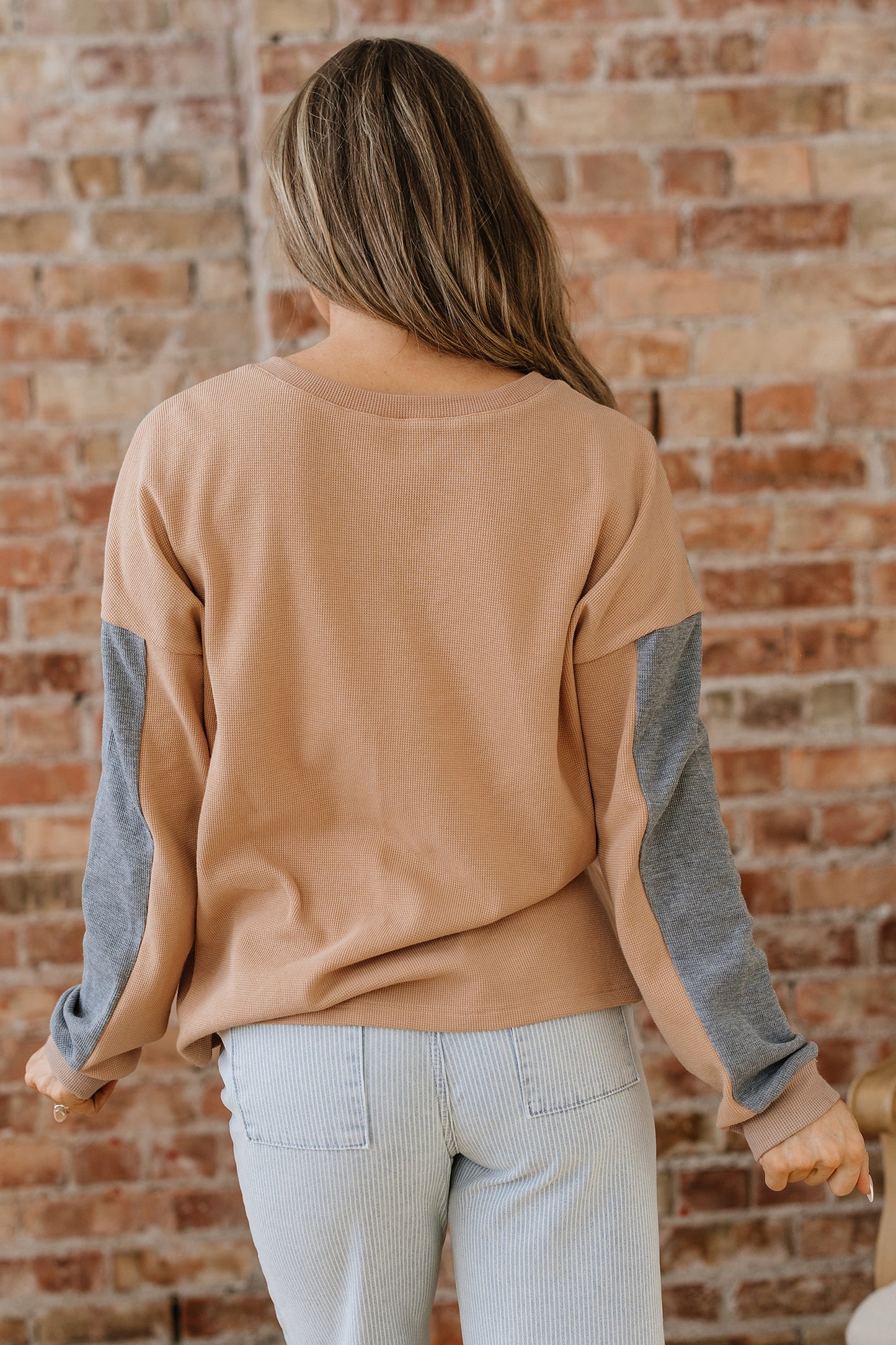 Buckskin Color Block Thermal Textured Knit Drop Shoulder Henley Top