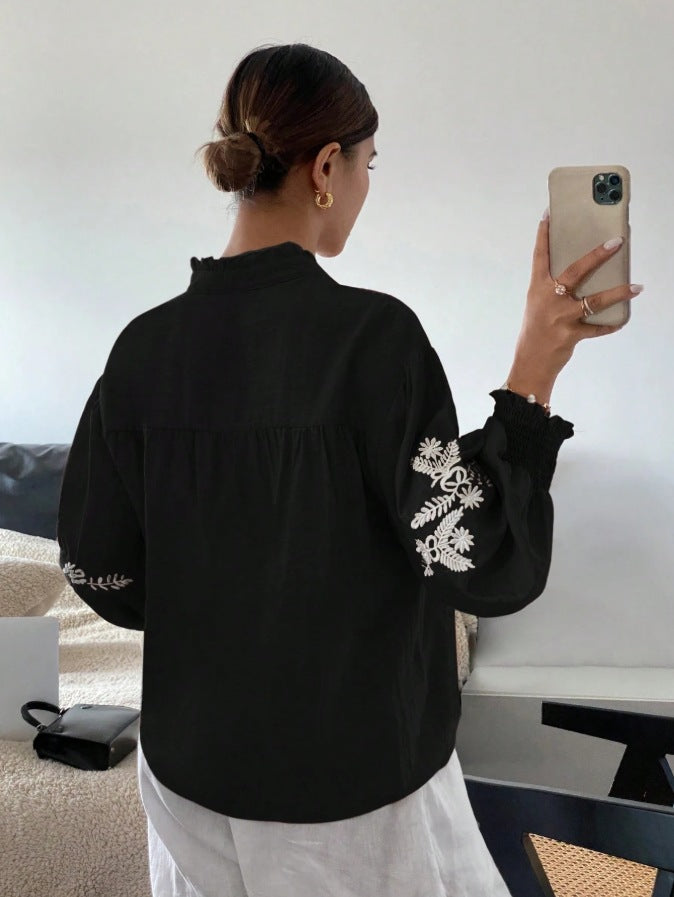 Floral Blend Blouse Boho Embroidered Puff Sleeve