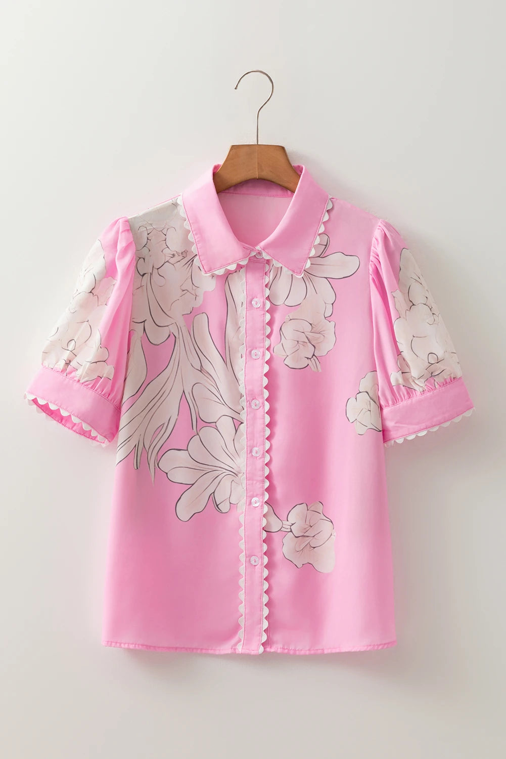 Floral Ric Rac Edge Puff Sleeve Button Up Summer Shirt