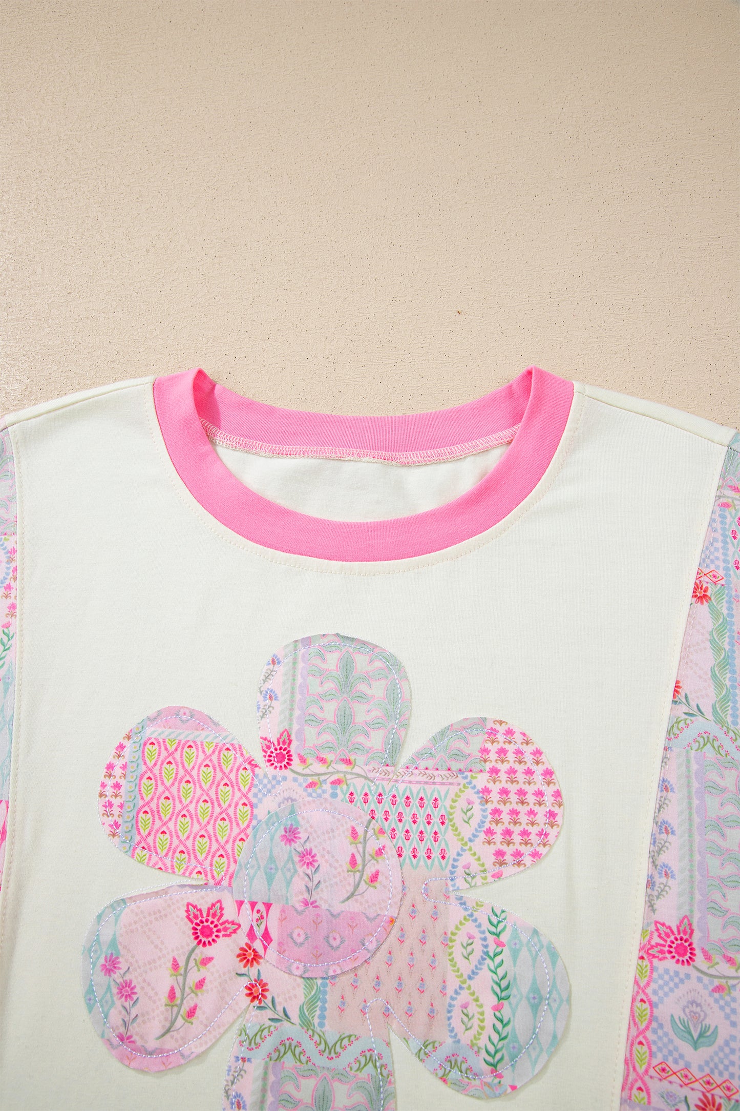 Beige Color Block Floral Patchwork Big Flower Accent Relaxed Top