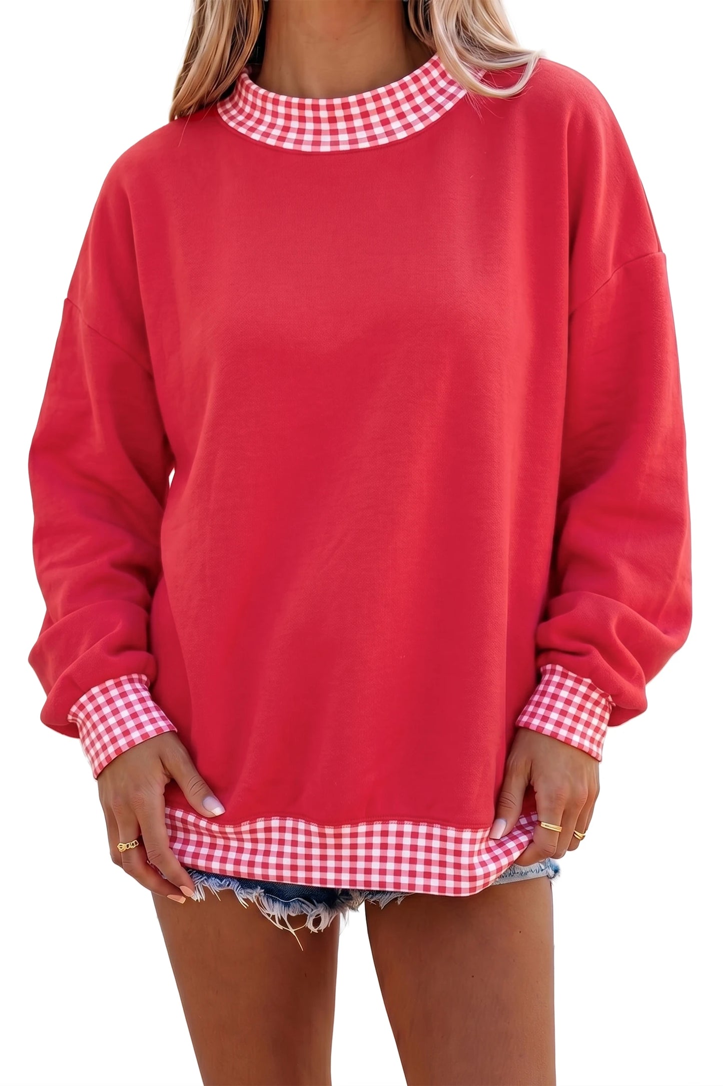 Racing Red Colorblock Polka Dot Contrast Trim Oversized Sweatshirt
