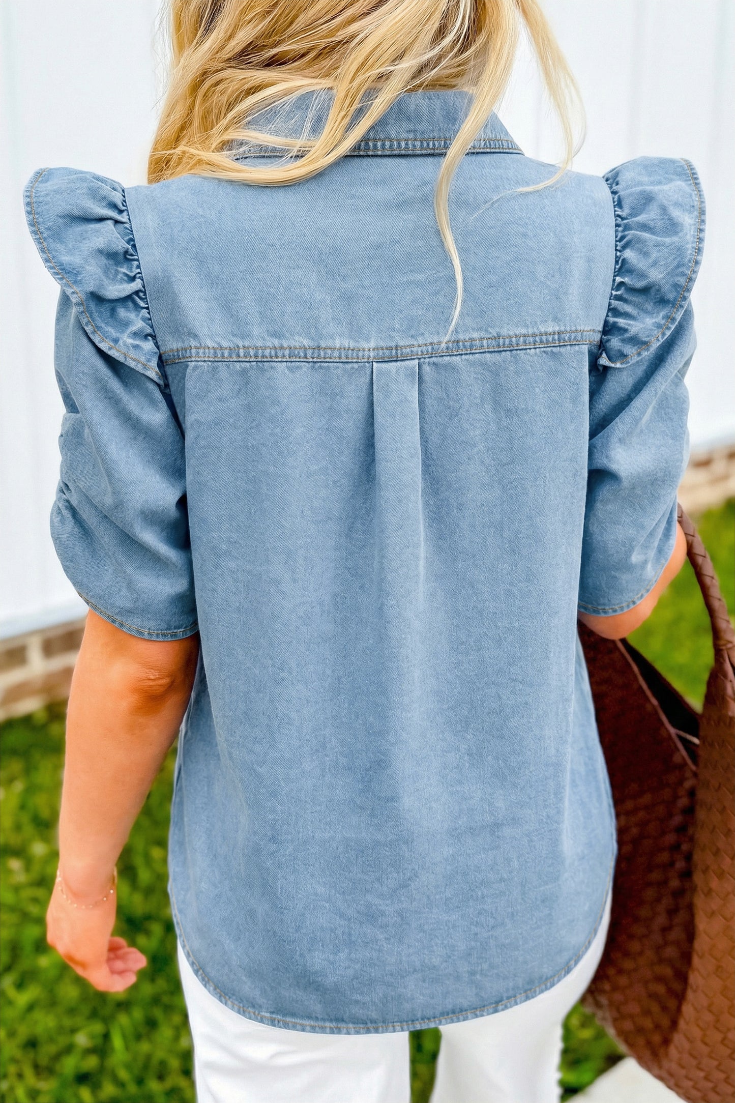 Myosotis Ruffle Detail Short Puff Sleeve Button Down Flap Pocket Denim Shirt