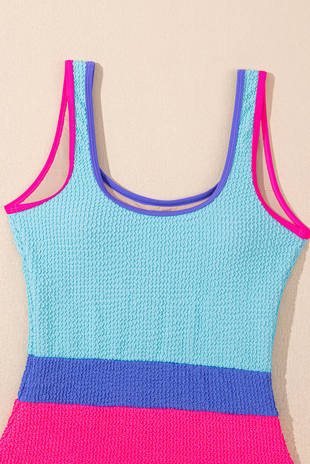 Iceland Blue Textured Color Block Patchwork One Piece Swimsuit