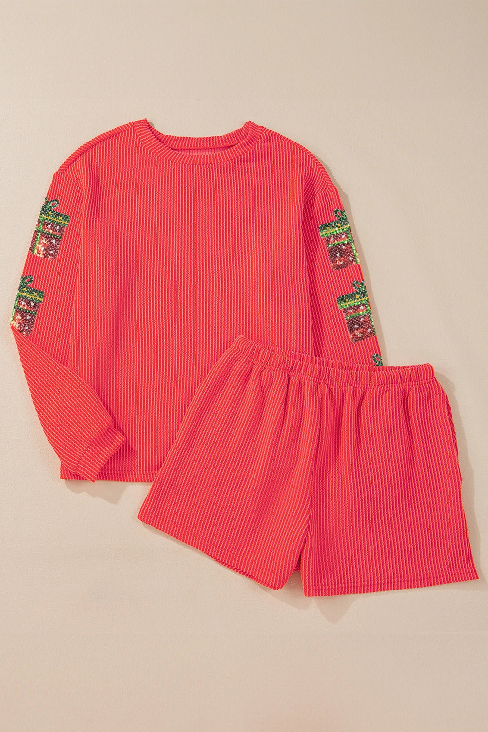 Gold Flame Sequin Christmas Gift Patched Long Sleeve Top Twisted Rib 2pcs Short Set