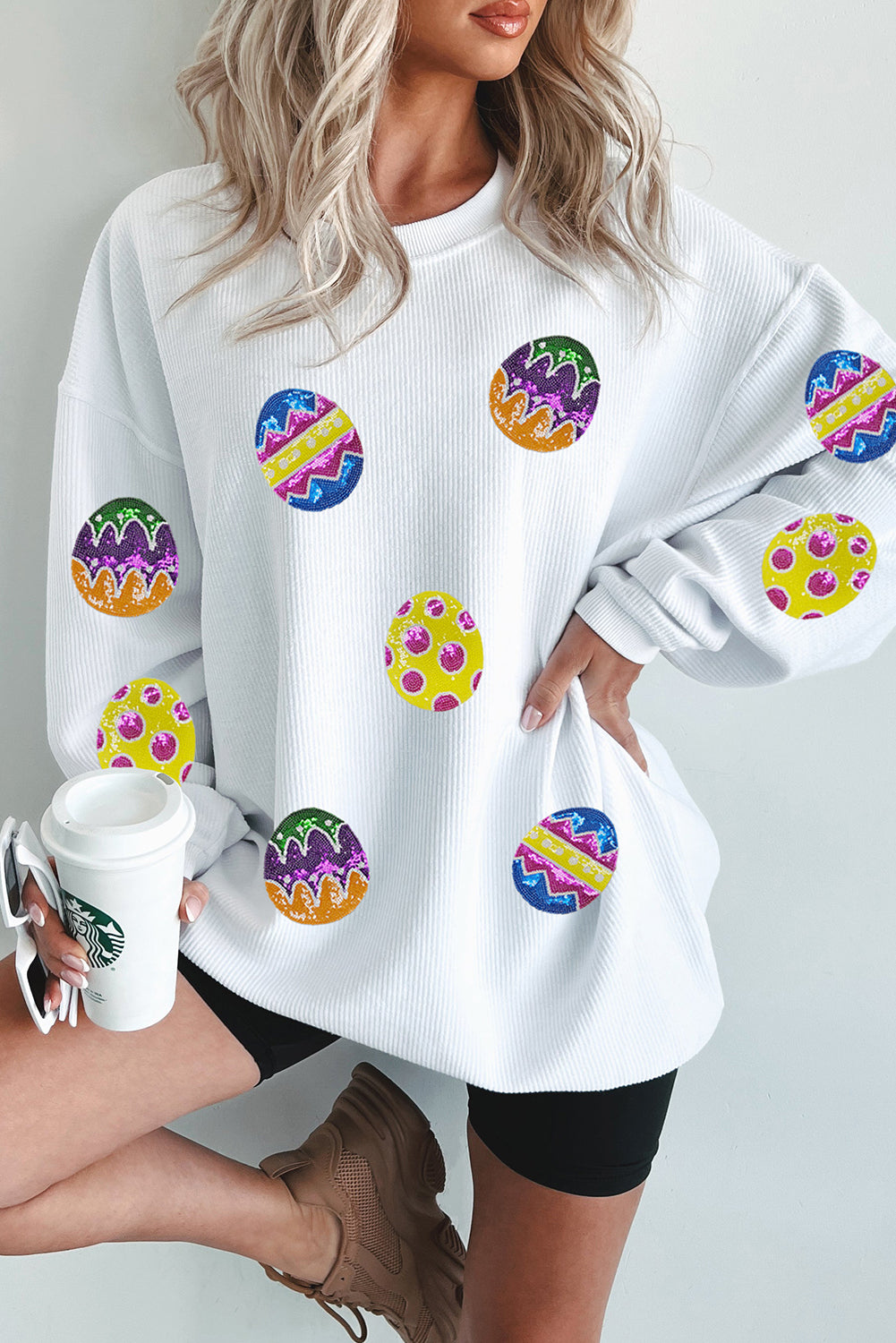 White Easter Egg Corded Oversized Sweatshirt
