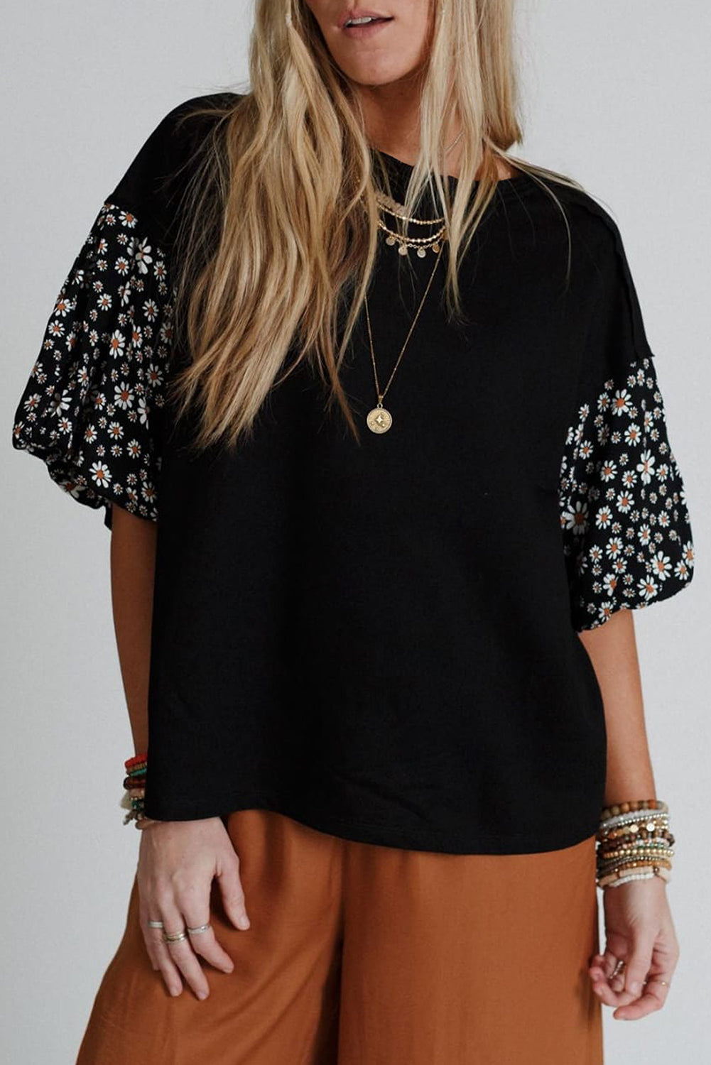 White Contrast Floral Puff Sleeve Oversized Top