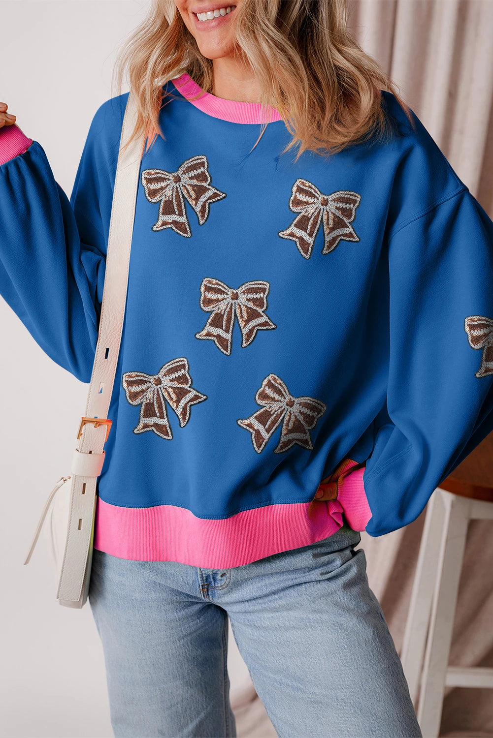 Blue Colorblock Patchwork Sequin Rugby Bow Patched Puff Sleeve Sweatshirt