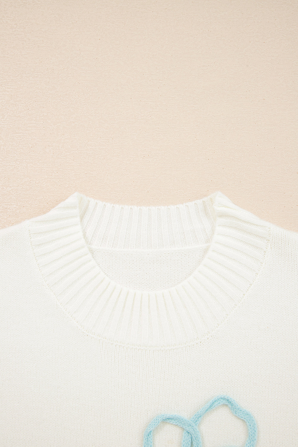 White Embroidered Flower Bouquet Ribbed Trim Loose Sweater