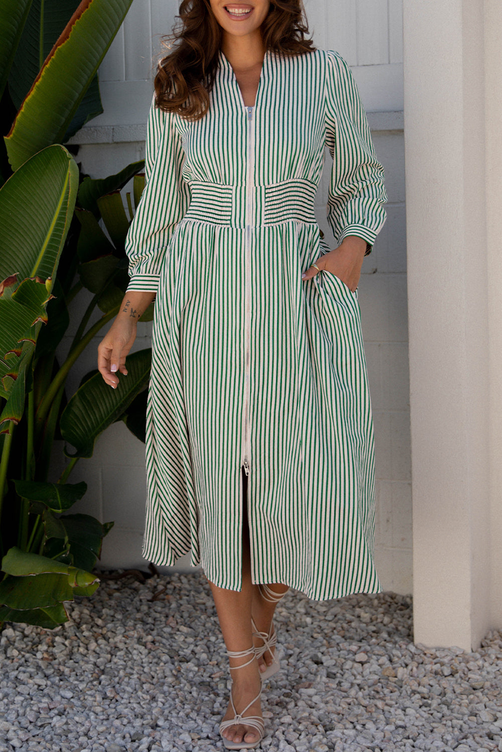 Green Stripe V Neck Zip Front Cinched High Waist Midi Dress