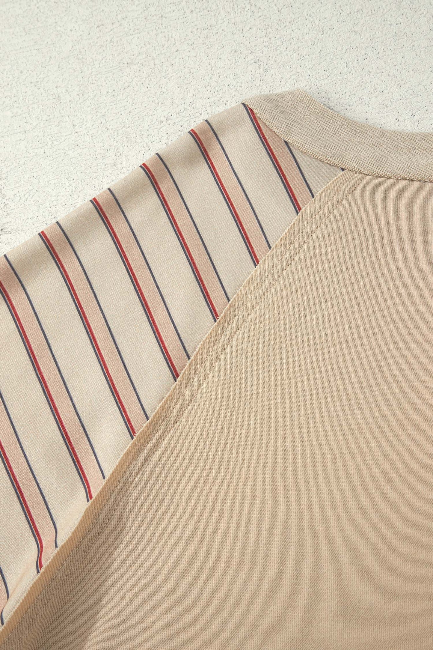 Parchment Striped Raglan Sleeve Notched Neck Raw Edge Plus Size Jumper