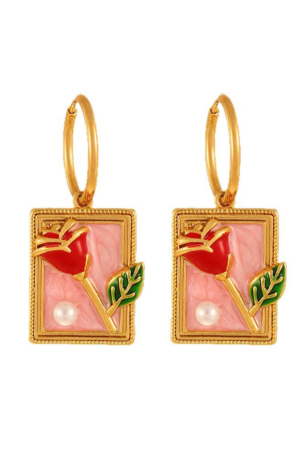 Gold Plated Hoop Rose Pearl Square Charm Earrings