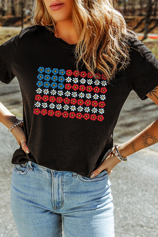 Black Cute Flowers Make Up American Flag Trendy Graphic T Shirt