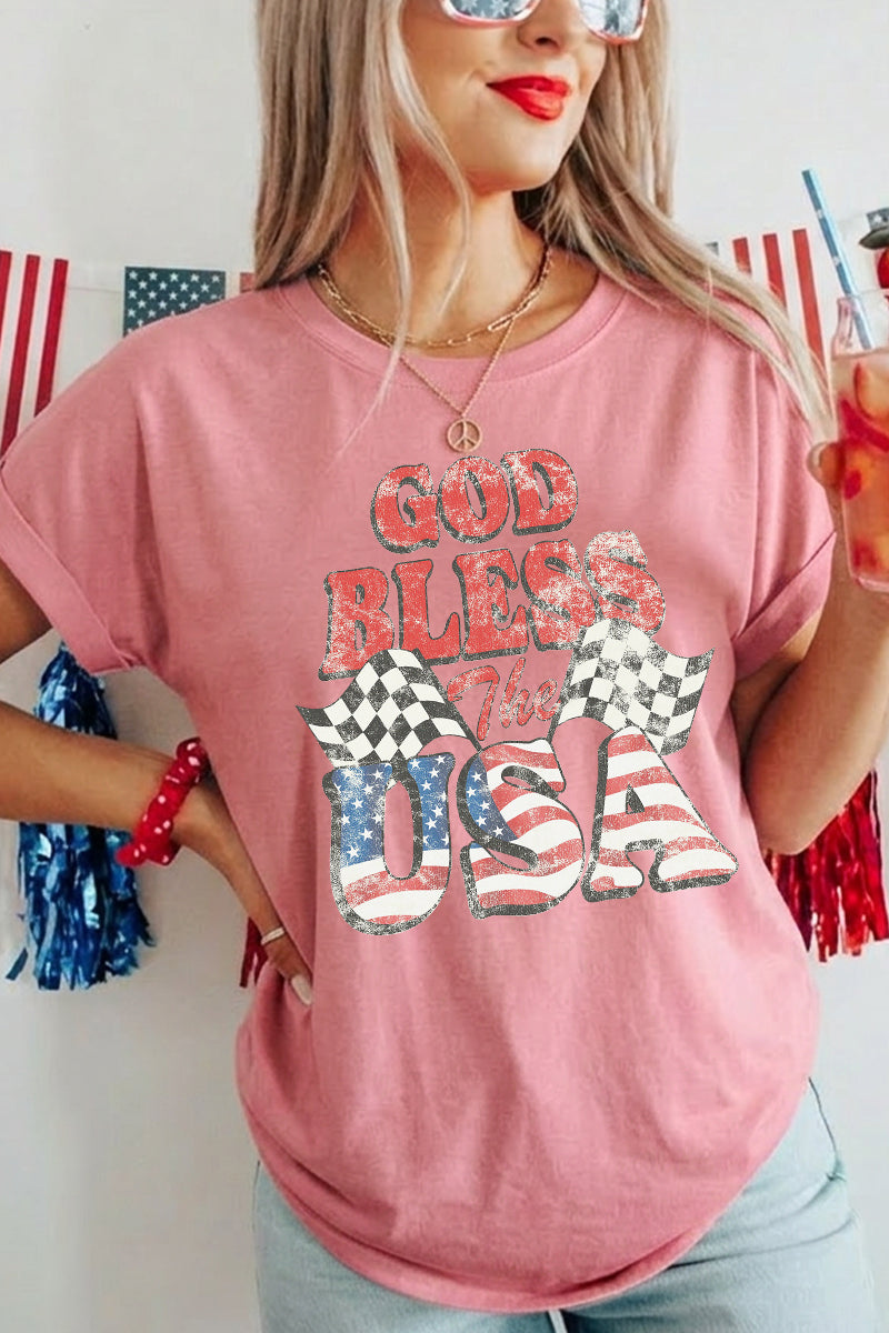 Women 4th of July USA God Bless Graphic T Shirt