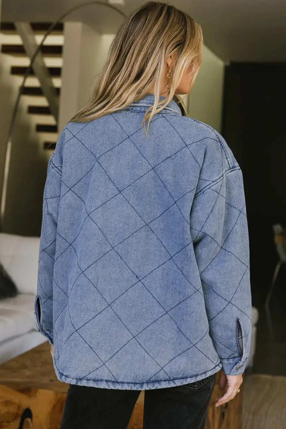Black Rhombus Stitched Pattern Button Pocketed Denim Jacket