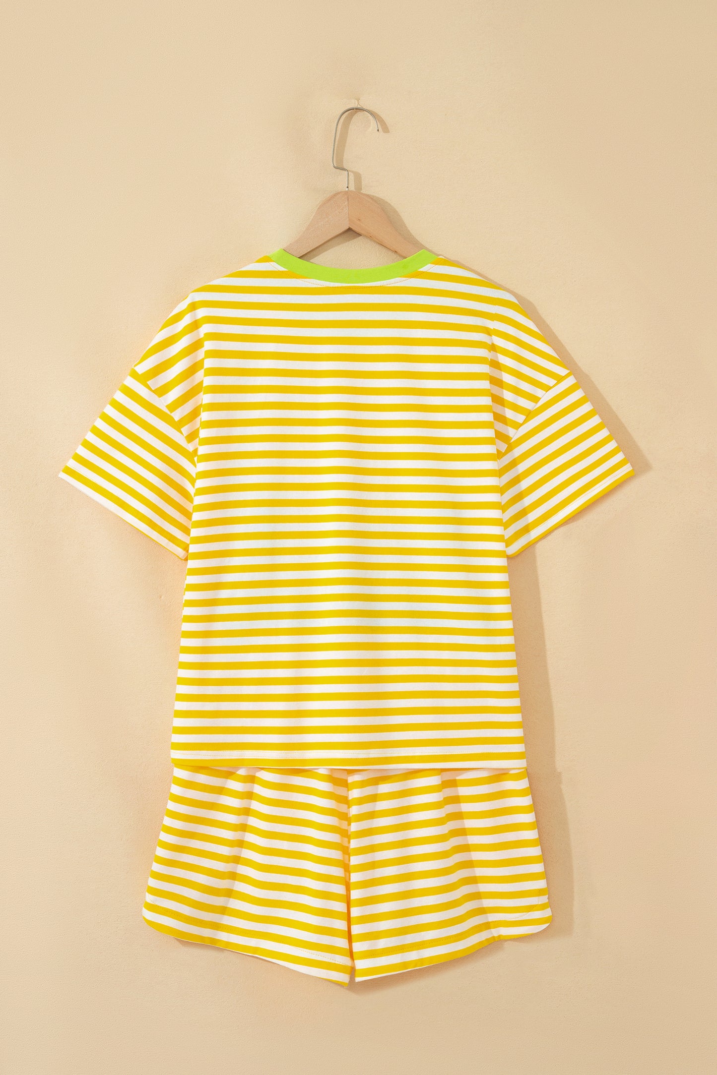 Pink Stripe Contrast Neck Loose Tee and Drawstring Shorts Set