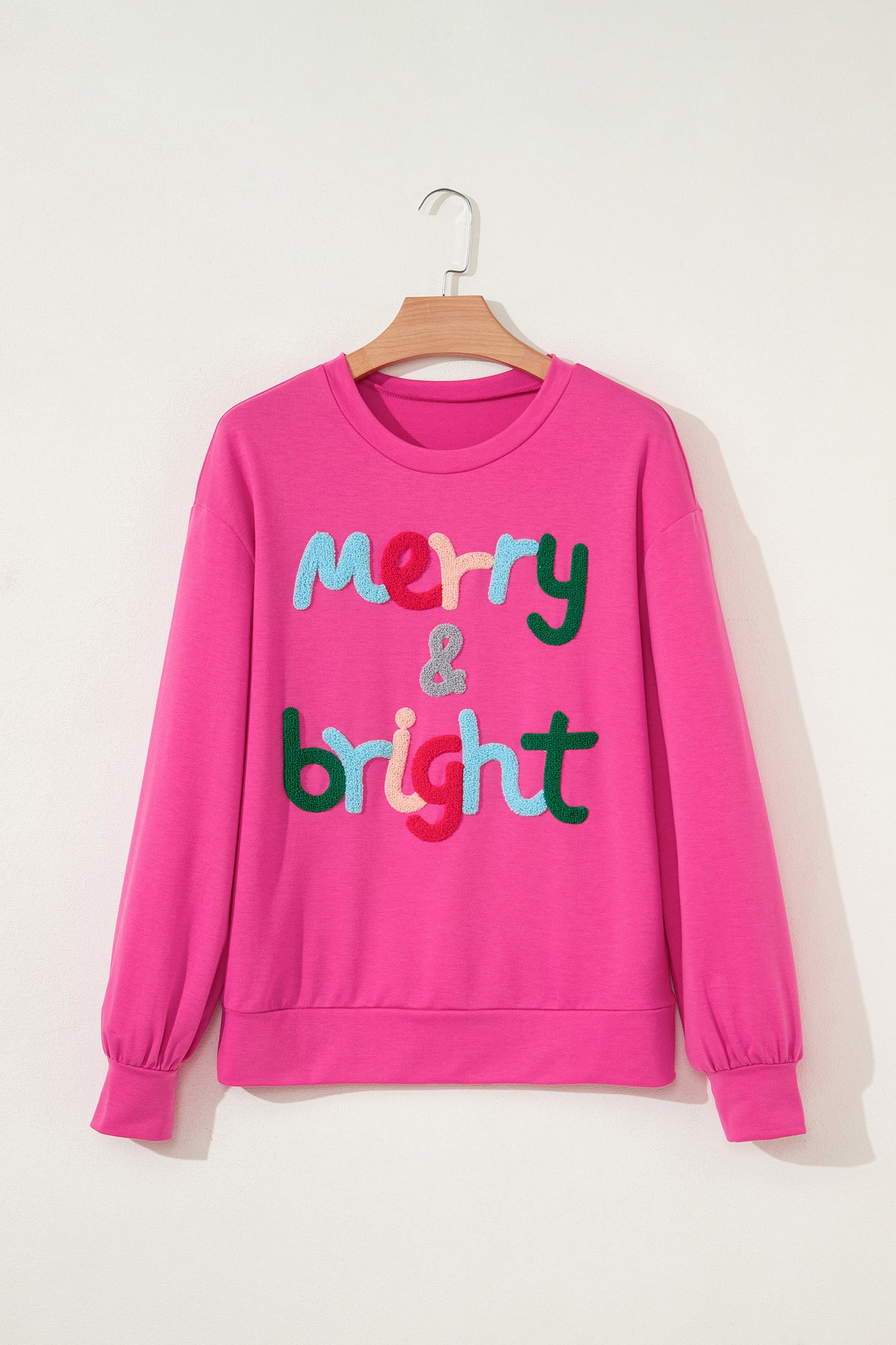 Rose Red Merry & Bright Christmas Letter Graphic Sweatshirt