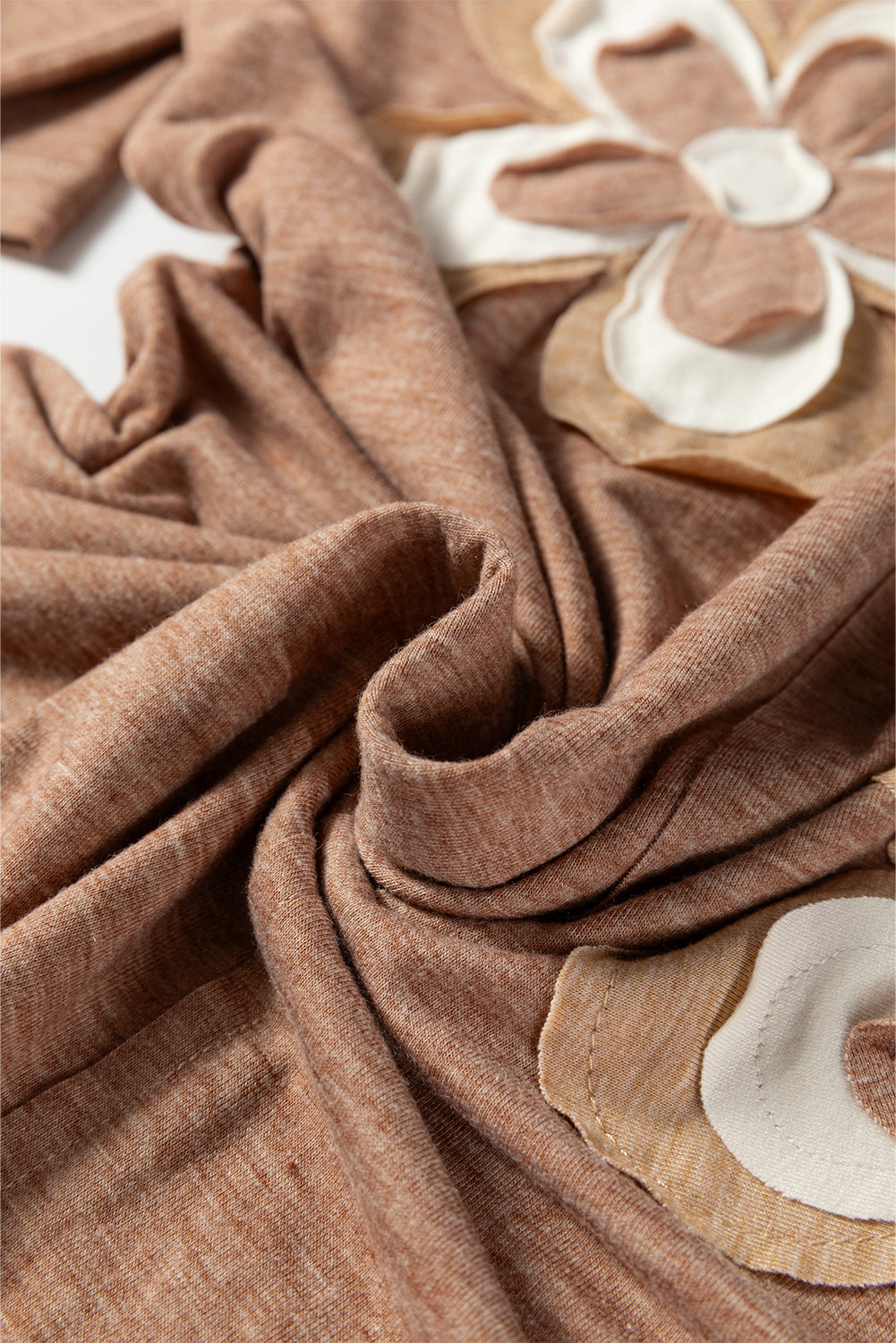 Fresh Salmon Floral Patchwork V Neck Long Sleeve T Shirt