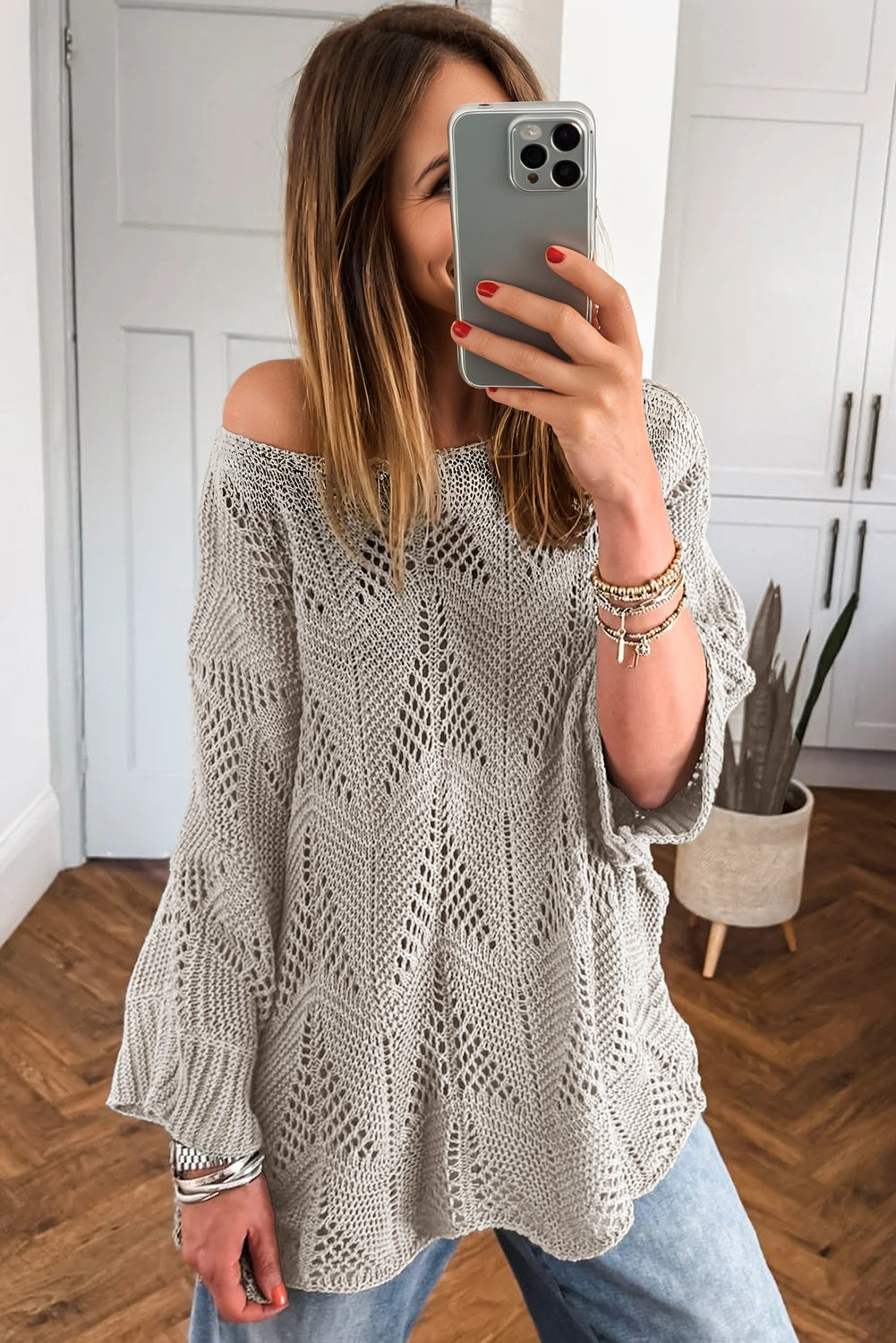 Parchment Hollow Out Knit 7/8 Sleeve Casual Sweater