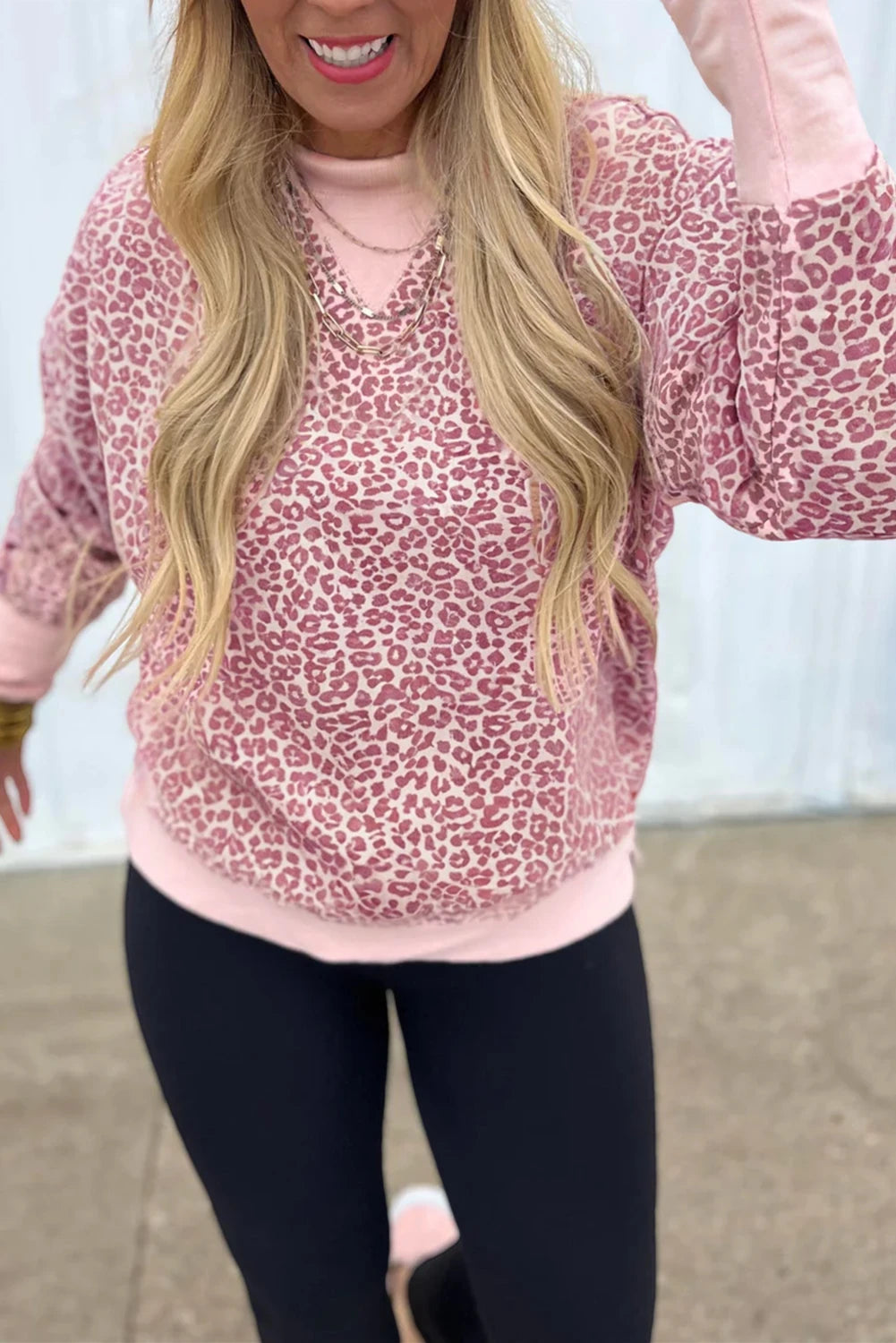 Pink Leopard Print Patchwork Crew Neck Sweatshirt
