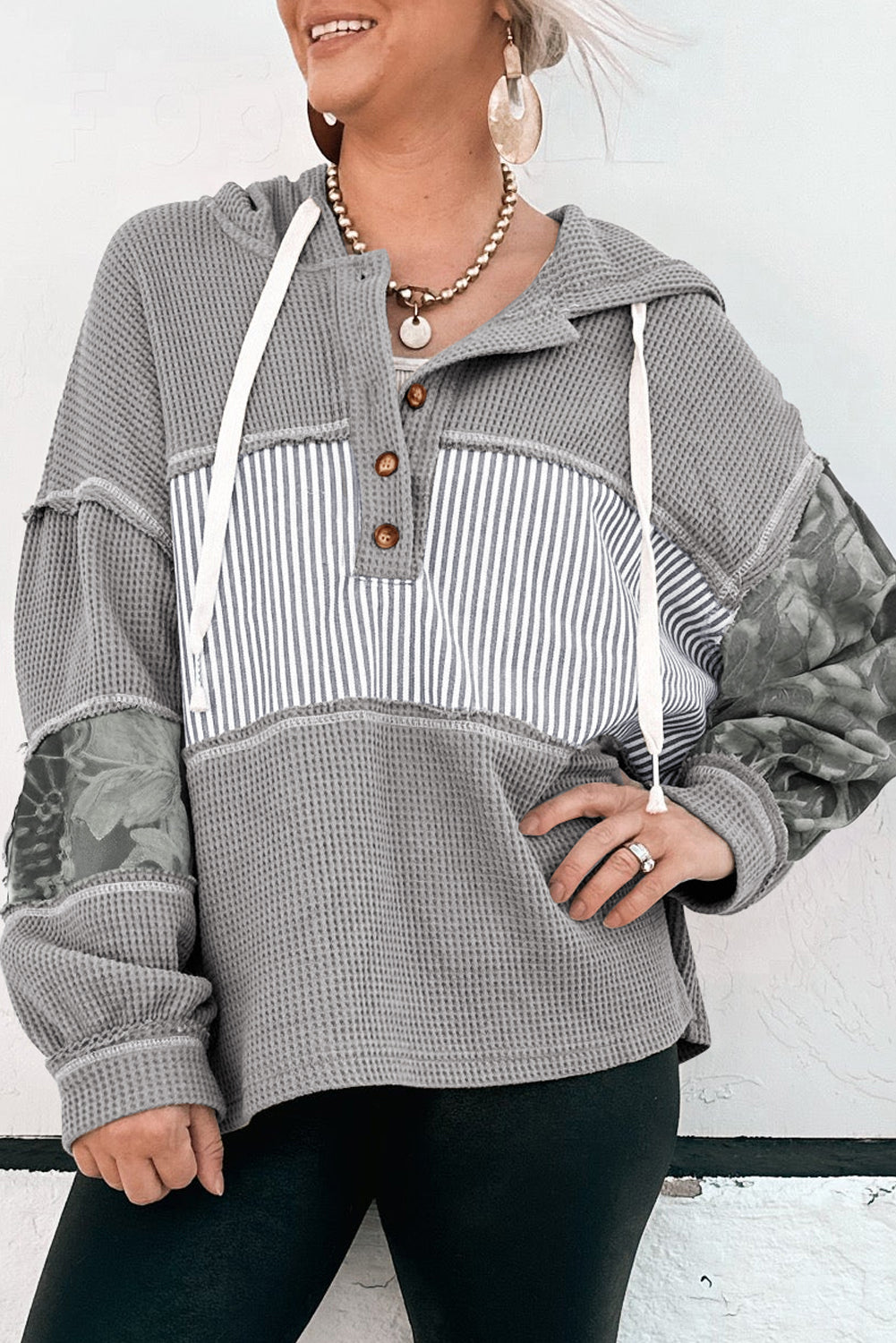 Cinnamon Waffle Printed Patchwork Drawstring Hooded Long Sleeve Top